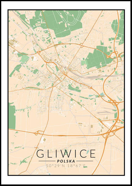 Plakat, Gliwice, Polska mapa kolorowa, 21x29,7 cm