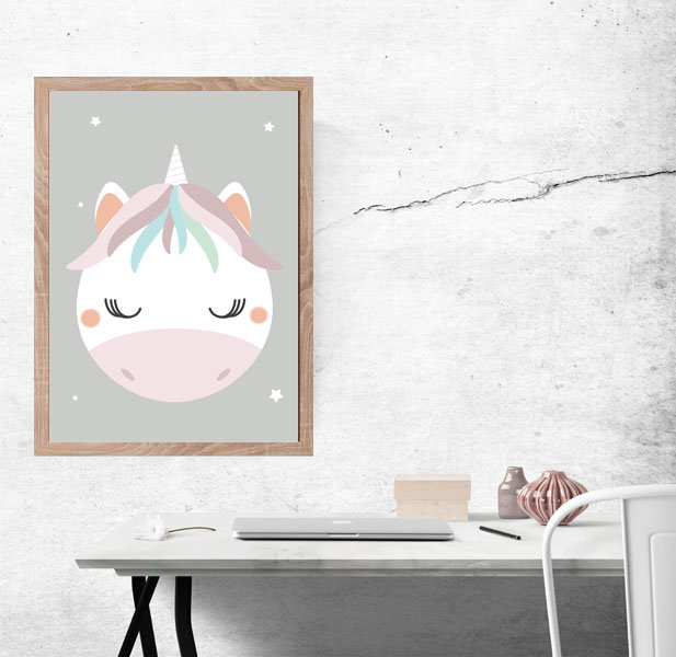 Plakat, Jednorożec szare tło, 30x40 cm