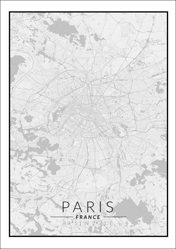 Plakat, Paris mapa czarno biała, 21x29,7 cm