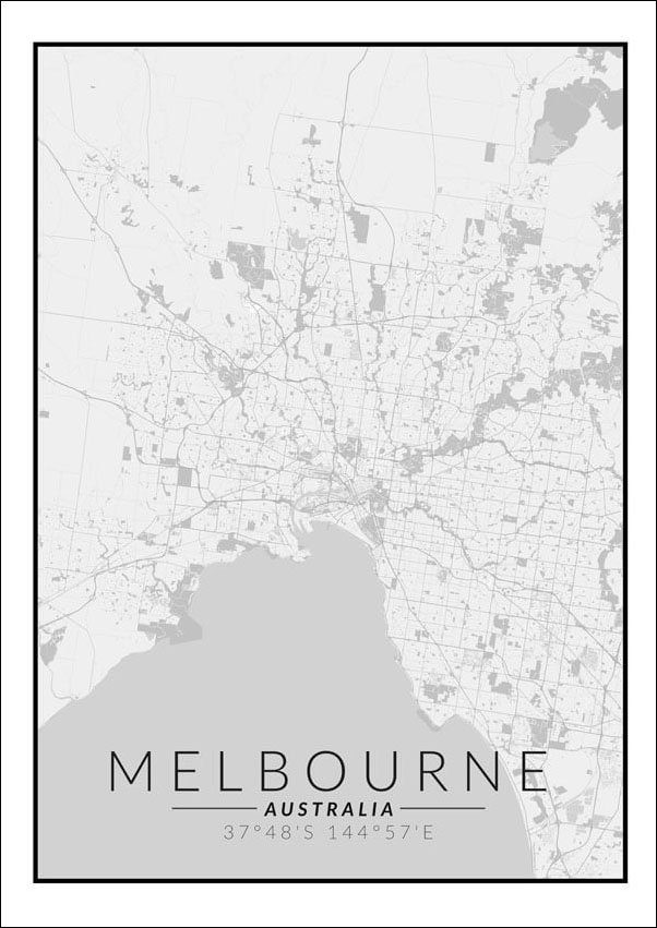 Plakat, Melbourne mapa czarno biała, 29,7x42 cm