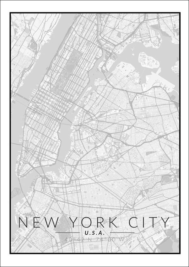 Plakat, Nowy Jork mapa czarno biała, 42x59,4 cm