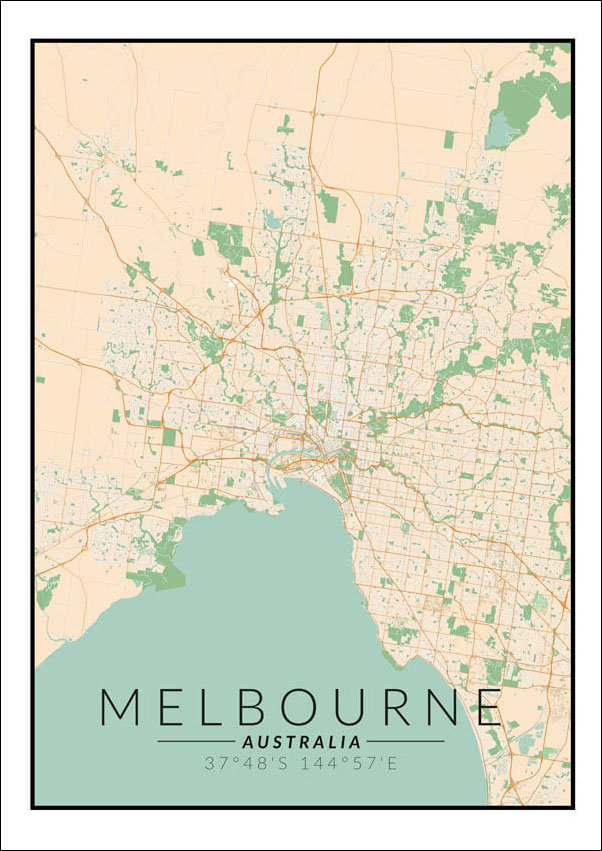 Plakat, Melbourne mapa kolorowa, 30x40 cm
