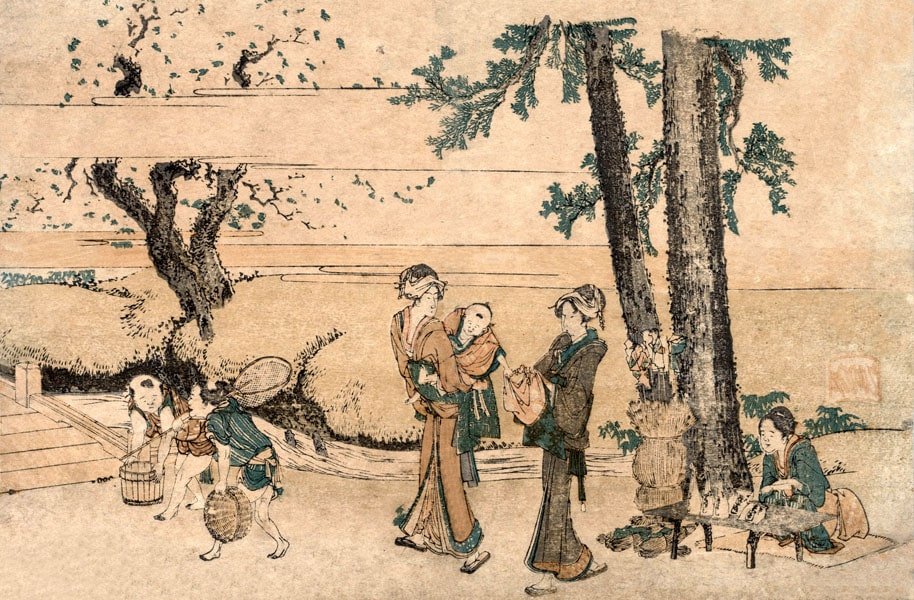 Plakat, Hokusai, Group of Figures near a Brook, 60x40 cm