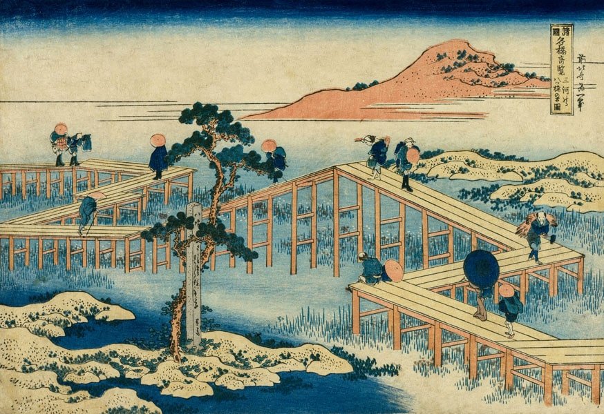 Plakat, Hokusai, An Ancient Picture of the Eight Part Bridge in Mikawa Province, 40x30 cm