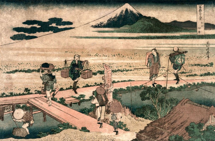 Plakat, Hokusai, A View of Mount Fuji and Travellers by a Bridge, 100x70 cm
