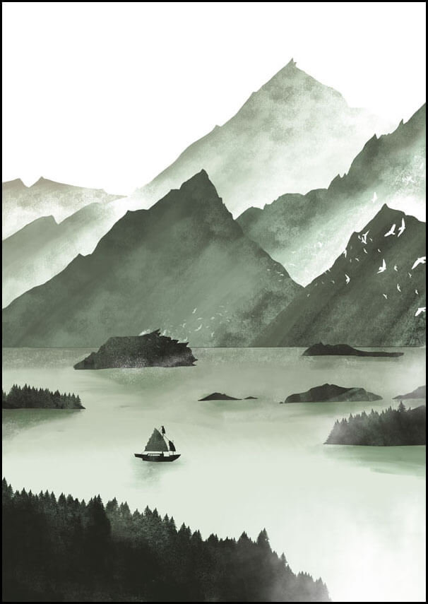 Plakat, Wzgórza, żaglówka, 30x40 cm