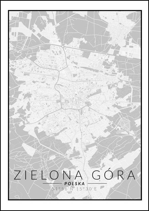 Galeria Plakatu, Plakat, Zielona Góra Mapa Czarno Biała, 40x60 cm