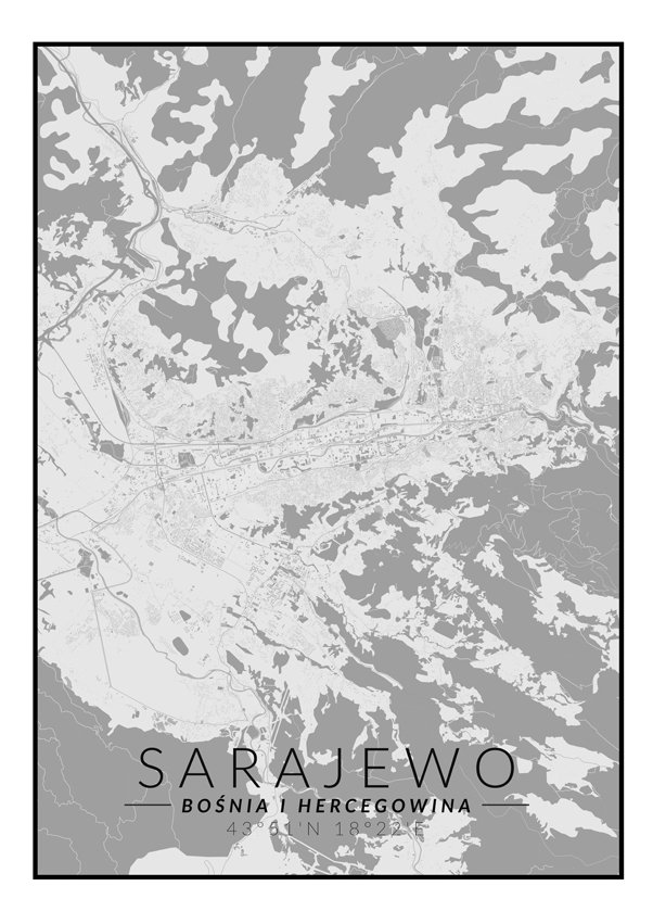 Galeria Plakatu, Plakat, Sarajewo Mapa Czarno Biała, 40x60 cm