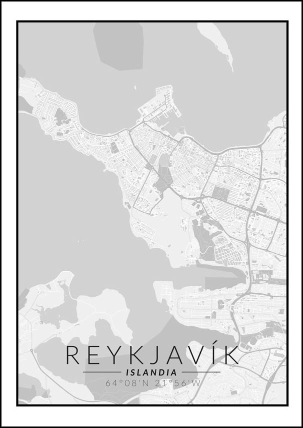 Galeria Plakatu, Plakat, Reykjavik Mapa Czarno Biała, 42x59,4 cm