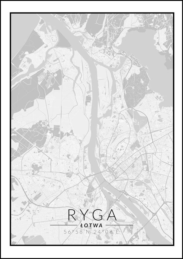 Galeria Plakatu, Plakat, Ryga Mapa Czarno Biała, 42x59,4 cm