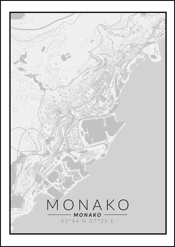 Galeria Plakatu, Plakat, Monako Mapa Czarno Biała, 50x70 cm