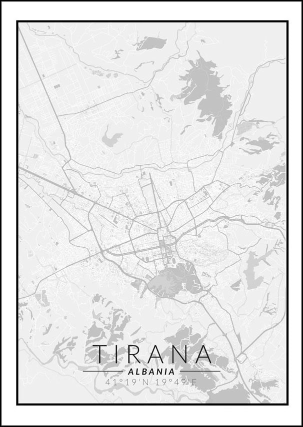 Galeria Plakatu, Plakat, Tirana Mapa Czarno Biała, 59,4x84,1 cm