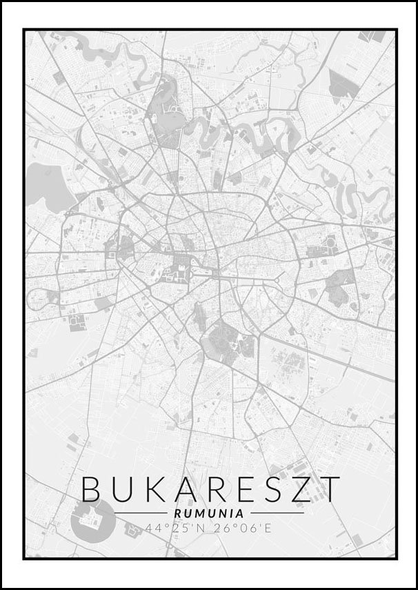 Galeria Plakatu, Plakat, Bukareszt Mapa Czarno Biała, 21x29,7 cm