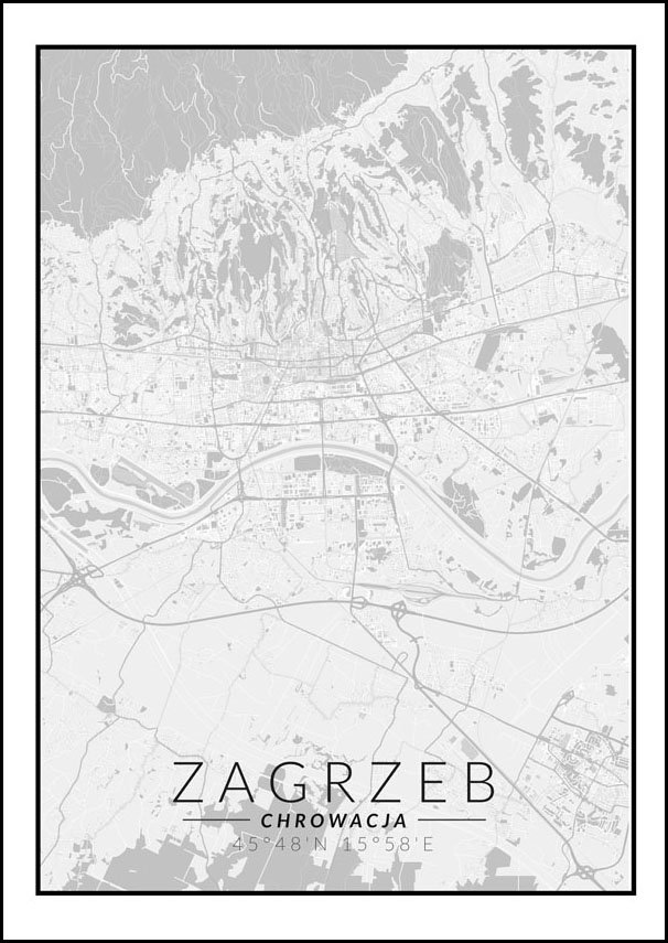 Galeria Plakatu, Plakat, Zagrzeb Mapa Czarno Biała, 21x29,7 cm