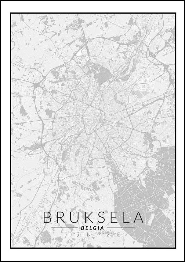 Galeria Plakatu, Plakat, Bruksela Mapa Czarno Biała, 29,7x42 cm