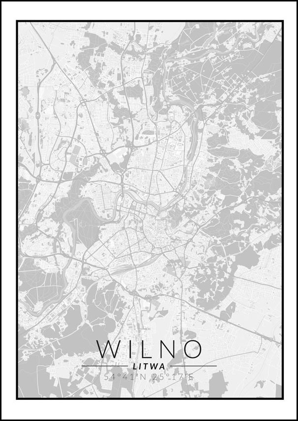 Galeria Plakatu, Plakat, Wilno Mapa Czarno Biała, 21x29,7 cm