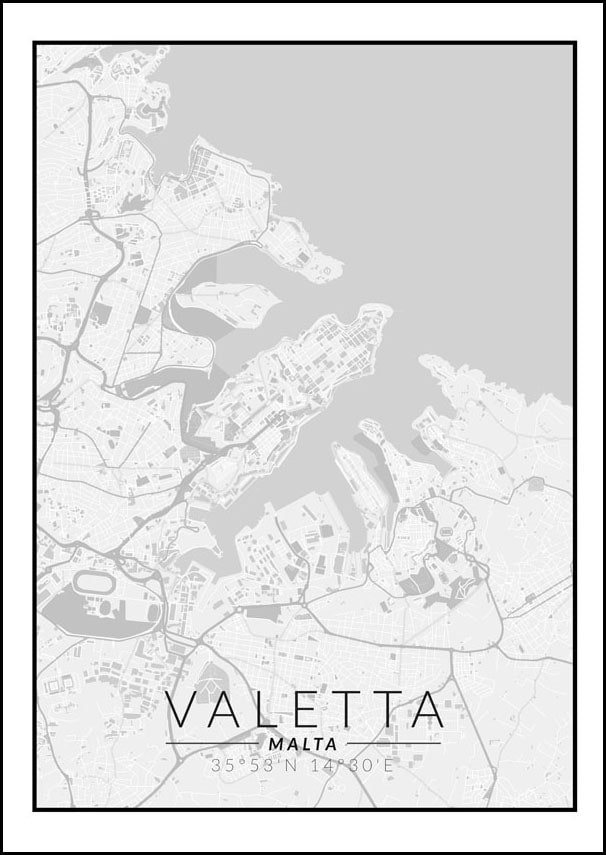 Galeria Plakatu, Plakat, Valetta Mapa Czarno Biała, 42x59,4 cm