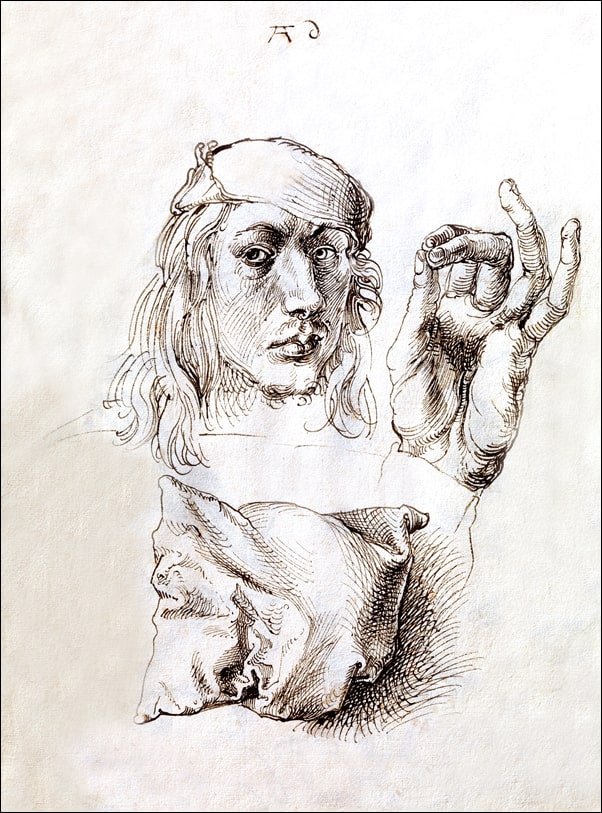 Galeria Plakatu, Plakat, Self portrait, Study of a Hand and a Pillow (recto) Six Studies of Pillows (verso), Albrecht Durer, 20x30 cm