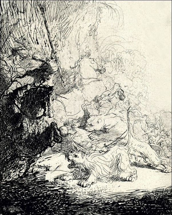 Galeria Plakatu, Plakat, The Small Lion Hunt (with Two Lions), Rembrandt, 50x70 cm