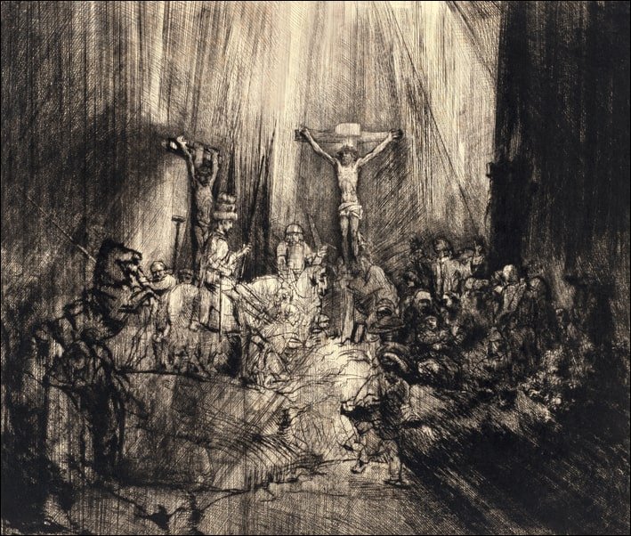 Galeria Plakatu, Plakat, Christ Crucified Between the Two Thieves The Three Crosses, Rembrandt, 70x50 cm