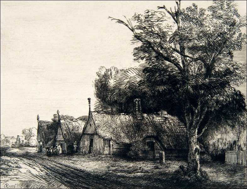 Galeria Plakatu, Plakat, Landscape with Three Gabled Cottages Beside a Road, Rembrandt, 40x30 cm