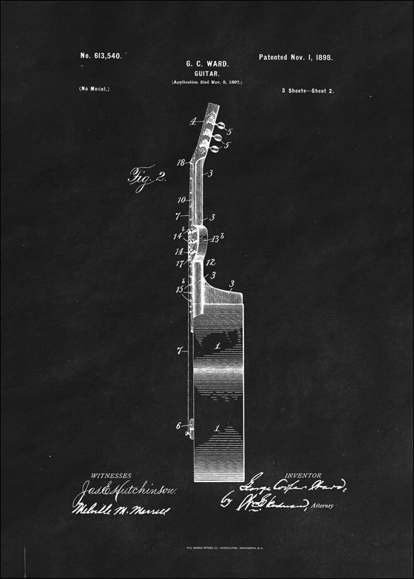 Galeria Plakatu, Plakat, Patent GC Ward Gitara Projekt z 1898, black, 21x29,7 cm