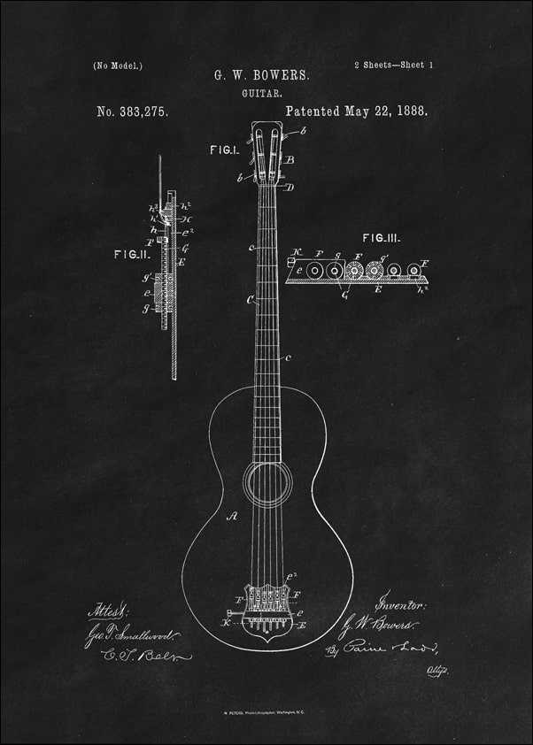 Galeria Plakatu, Plakat, Patent GW Bowers Gitara Projekt z 1888, black, 29,7x42 cm