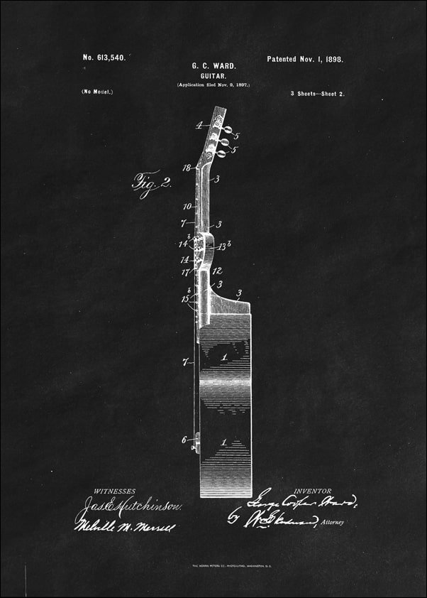 Galeria Plakatu, Plakat, Patent GC Ward Gitara Projekt z 1898, black, 59,4x84,1 cm