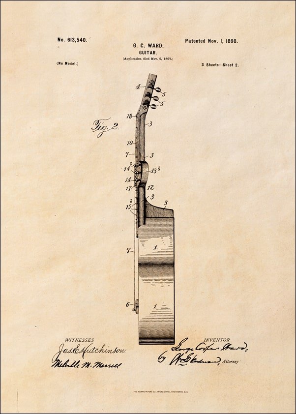 Galeria Plakatu, Plakat, Patent GC Ward Gitara Projekt z 1898, sepia, 40x60 cm