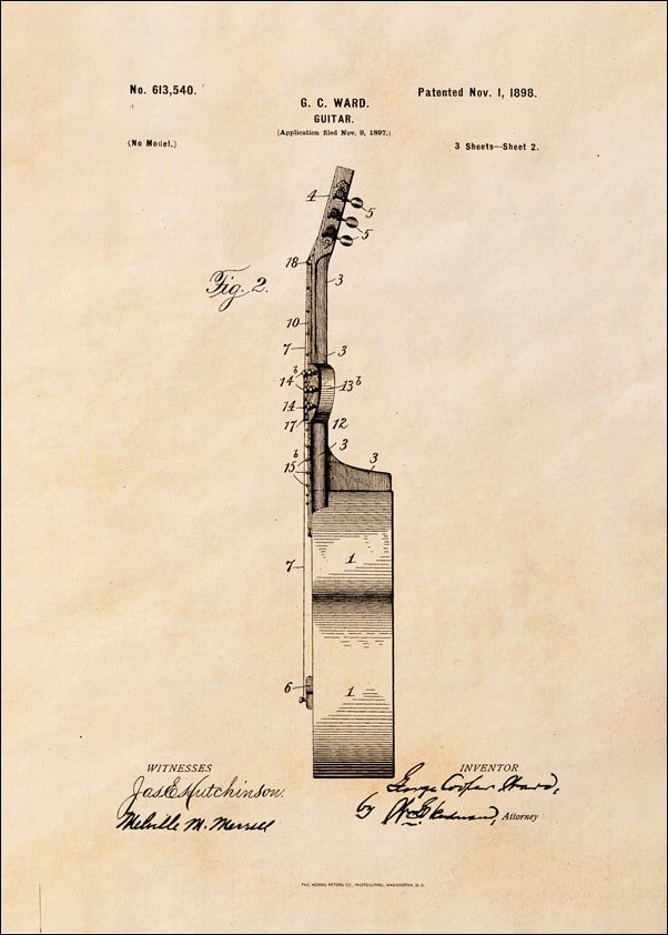 Galeria Plakatu, Plakat, Patent GC Ward Gitara Projekt z 1898, sepia, 59,4x84,1 cm