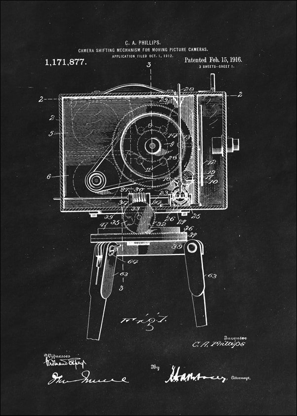 Galeria Plakatu, Plakat, Patent Kamera Filmowa Projekt z 1916, black, 50x70 cm