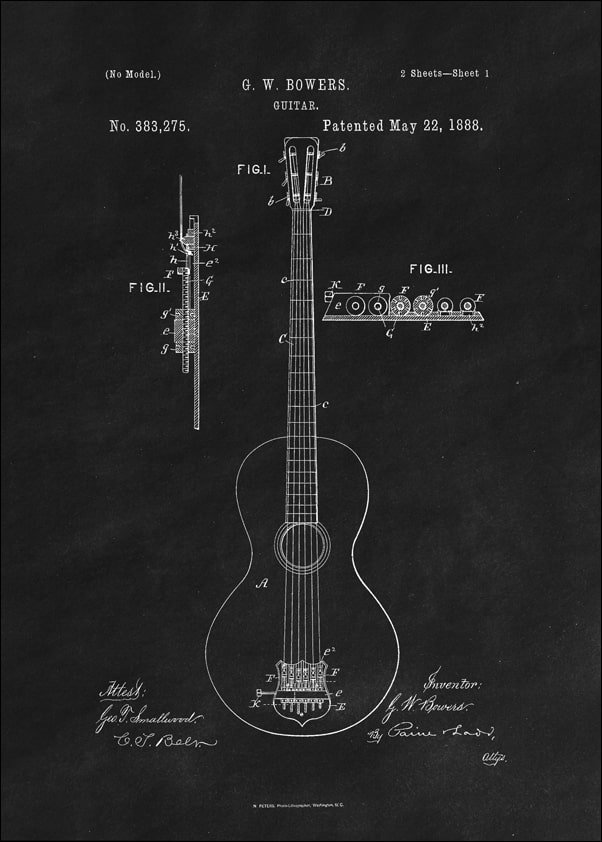 Galeria Plakatu, Plakat, Patent GW Bowers Gitara Projekt z 1888, black, 70x100 cm
