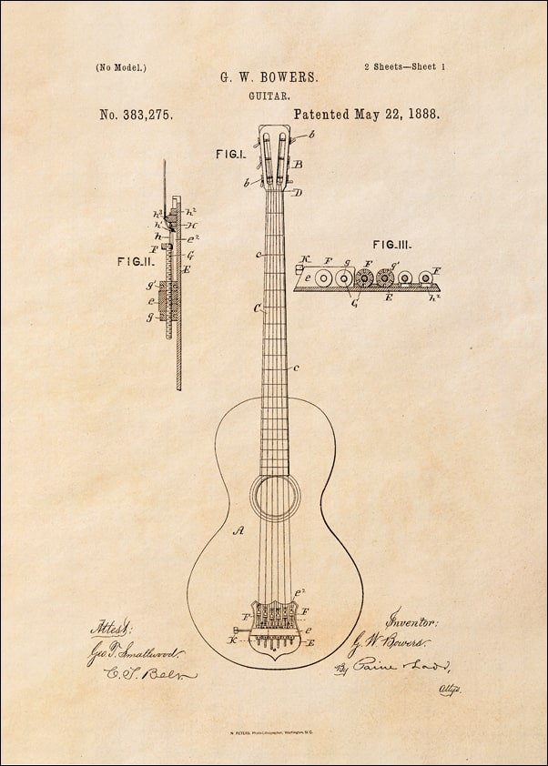 Galeria Plakatu, Plakat, Patent GW Bowers Gitara Projekt z 1888, sepia, 70x100 cm
