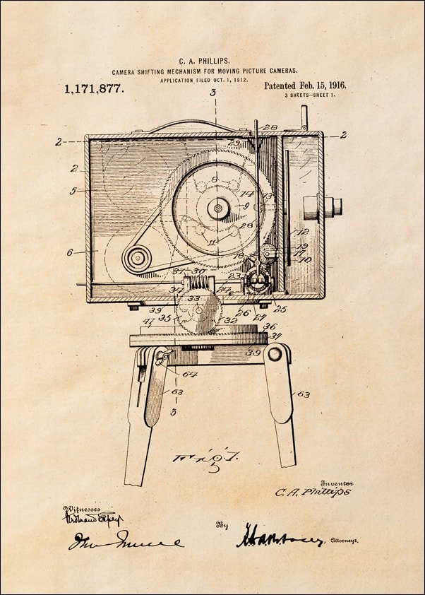 Galeria Plakatu, Plakat, Patent Kamera Filmowa Projekt z 1916, sepia, 21x29,7 cm