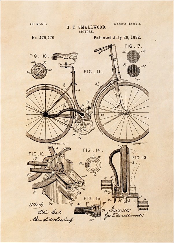 Galeria Plakatu, Plakat, Patent Mechanizm Rowerowy Projekt z 1892, sepia, 29,7x42 cm