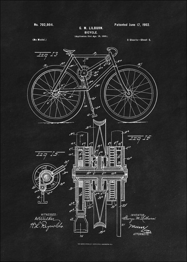 Galeria Plakatu, Plakat, Patent Mechanizm Rowerowy Projekt z 1902, black, 40x50 cm