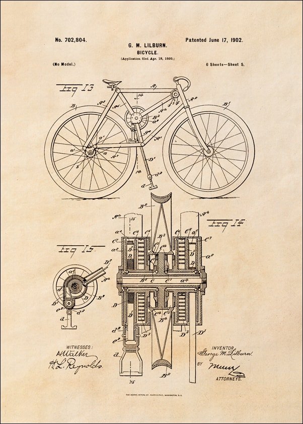 Galeria Plakatu, Plakat, Patent Mechanizm Rowerowy Projekt z 1902, sepia, 70x100 cm