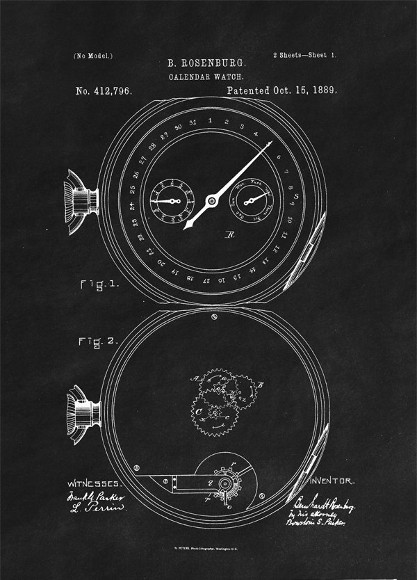 Galeria Plakatu, Plakat, Patent Zegarek z Kalendarzem Projekt z 1889, black, 40x50 cm