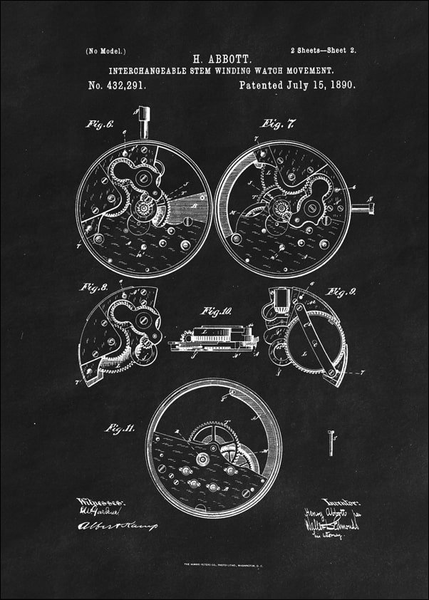 Galeria Plakatu, Plakat, Patent Zegarek Nakręcany II Projekt z 1890, black, 70x100 cm