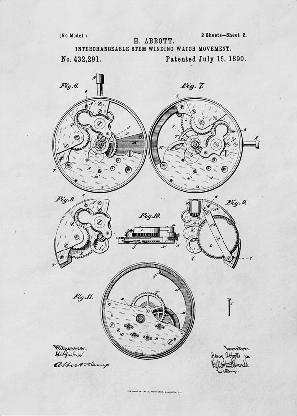Galeria Plakatu, Plakat, Patent Zegarek Nakręcany II Projekt z 1890, 20x30 cm