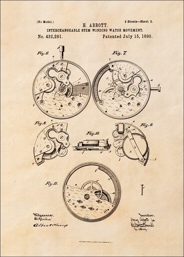 Galeria Plakatu, Plakat, Patent Zegarek Nakręcany II Projekt z 1890, sepia, 59,4x84,1 cm
