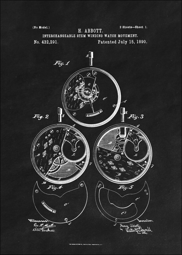 Galeria Plakatu, Plakat, Patent Zegarek Nakręcany Projekt z 1890, black, 40x50 cm