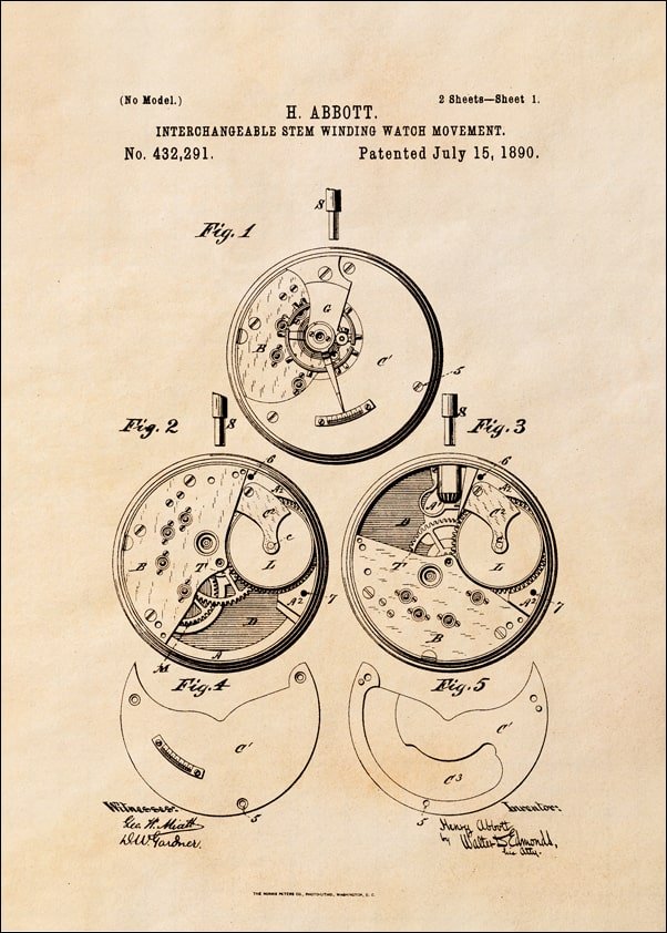 Galeria Plakatu, Plakat, Patent Zegarek Nakręcany Projekt z 1890, sepia, 61x91,5 cm