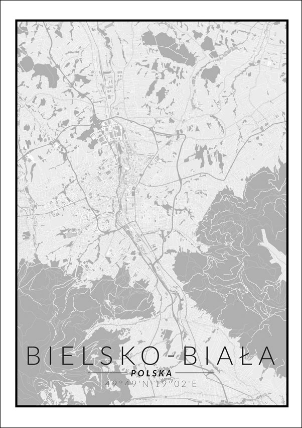 Galeria Plakatu, Bielsko Biała mapa czarno biała, 70x100 cm