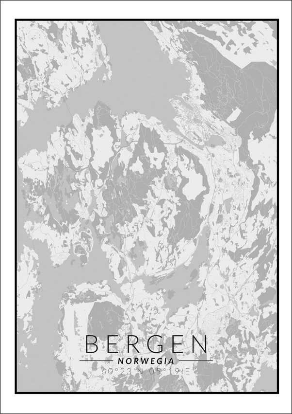 Galeria Plakatu, Bergen mapa czarno biała, 50x70 cm