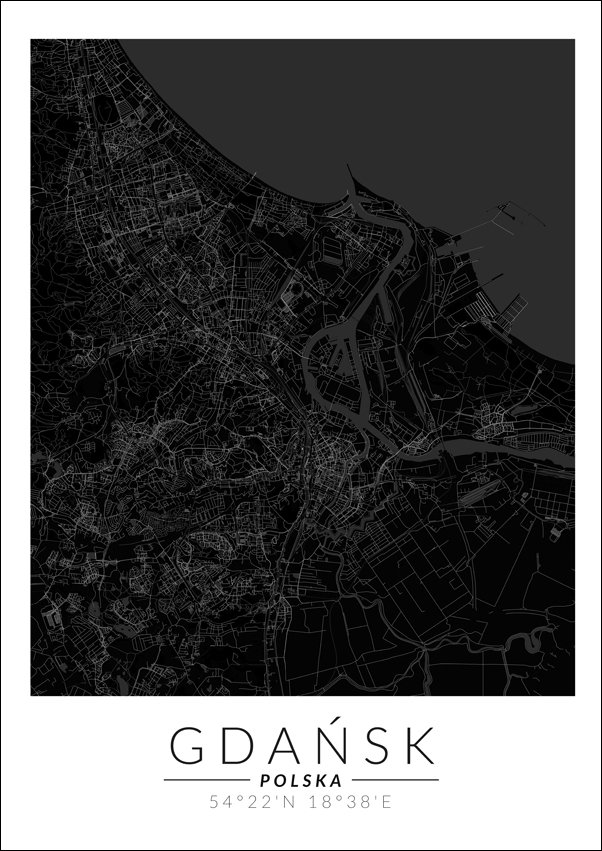 Galeria Plakatu, Gdańsk mapa czarna, 59,4x84,1 cm