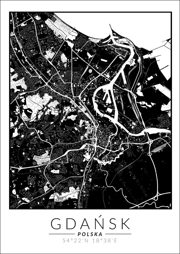 Galeria Plakatu, Gdańsk mapa invert, 42x59,4 cm