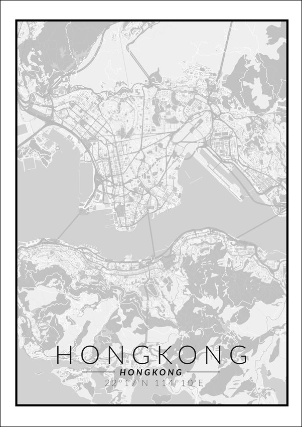 Galeria Plakatu, Hongkong mapa czarno biała, 59,4x84,1 cm