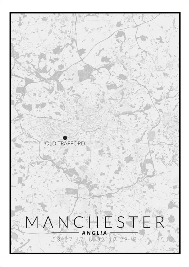 Galeria Plakatu, Manchester, OldTrafford mapa czarno biała, 20x30 cm