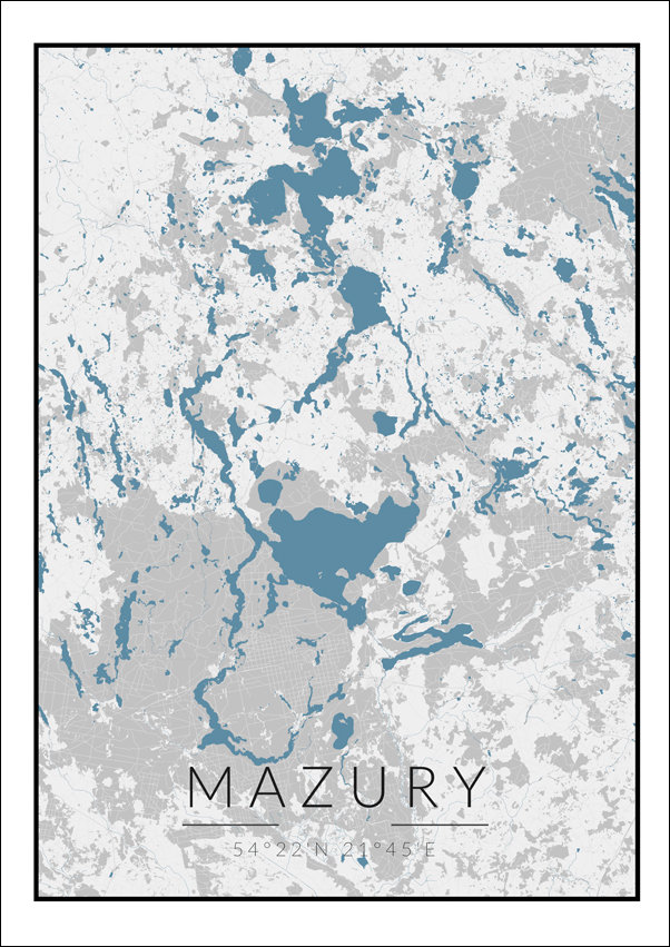 Galeria Plakatu, Mazury mapa czarno biało niebieska, 70x100 cm
